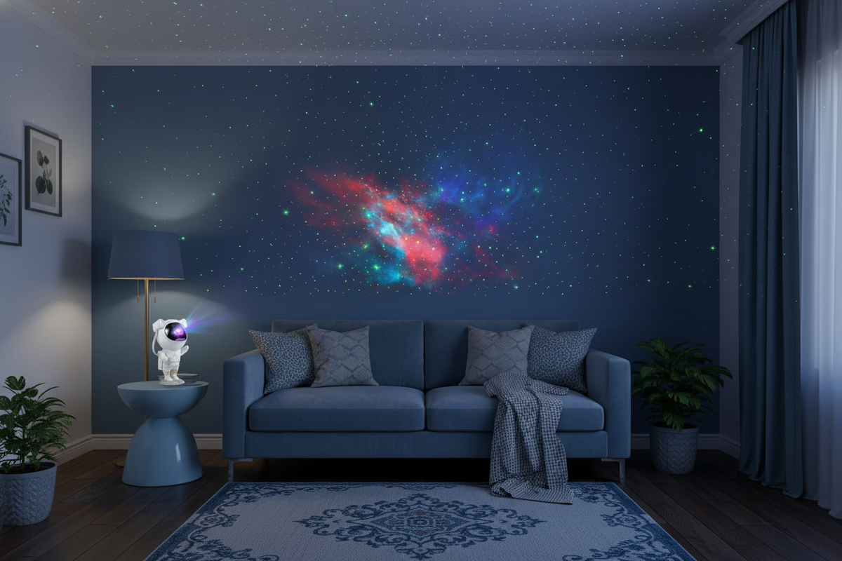 Astronaut Galaxy Projector casting galaxy effects and stars on a slate blue wall in a modern South Asian living room.
